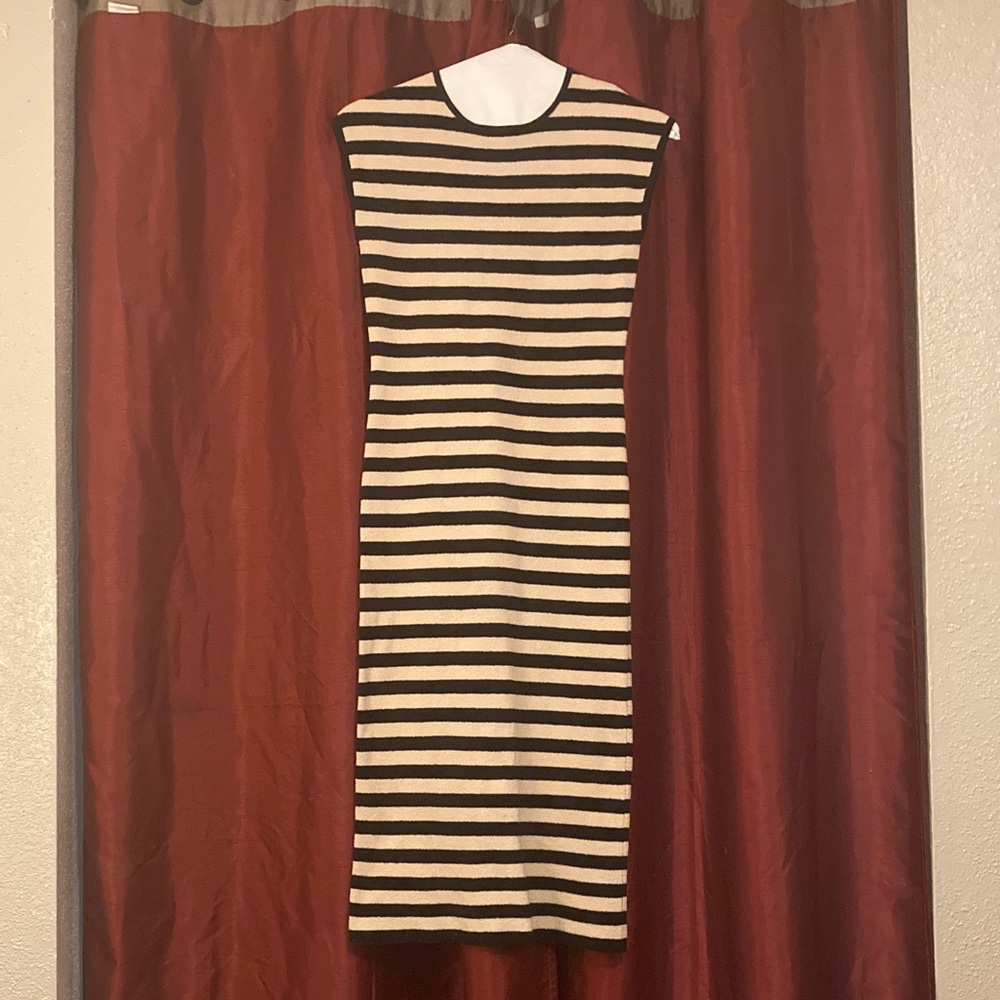 Zara Black and Cream Striped Midi Dress